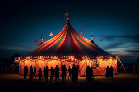 Magical Circus Tent: Illuminated at Dusk with Spectators Gathered in Anticipation. Generative AIの素材