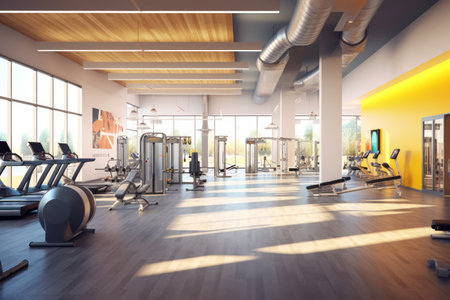 3D render of a state-of-the-art fitness facility, featuring well-equipped workout areas, modern exercise machines, and motivated individuals engaged in various fitness activities. Generative AIの素材