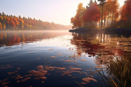 An autumn morning, with colorful foliage reflected on the calm surface of a lake, creating a picturesque scene. Generative Aiの素材