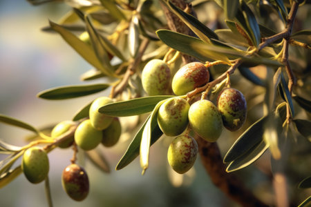 Olives and olive tree branch in autumn Agricultural food background concept. Generative AIの素材