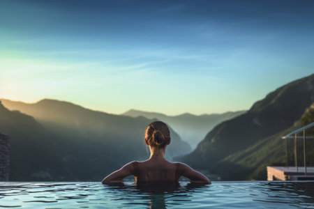 Back view of young adult women enjoy relaxing in infinity edge luxury outdoor swimming pool. Look green mountains in warm summer sunset light. Concept Alpine wellness travel. Generative AIの素材