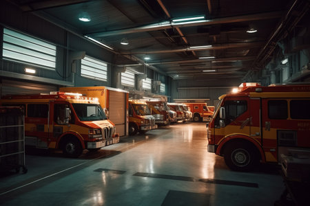 A shot of a fleet of ambulances in a garage or lot, showing the size and scope of an emergency medical service company. Generative AIの素材