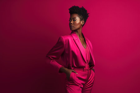 A model wearing a fuchsia-colored outfit, suit, or blouse, against a neutral background, with a sense of bold and confident fashion. Concept sense of style and personality. Generative AIの素材