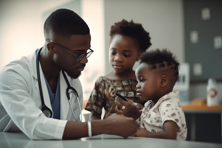 African male pediatrician visit boy patient. Checkup in hospital children medical center. Generative AIの素材