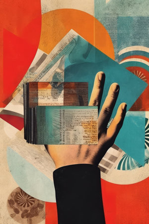 Stylish Illustration of hands holding an open book against a background of abstract shapes and textures, representing the allure and intrigue of the story within. Generative AIの素材