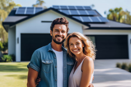 Couple stands smiling in the driveway of a house with solar panels installed. Solar renewable energy concept. Generative AIの素材