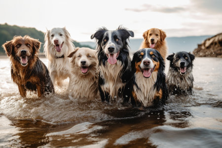 A group of wet and happy dogs with wagging tails after being washed, exuding joy and contentment. Generative AIの素材