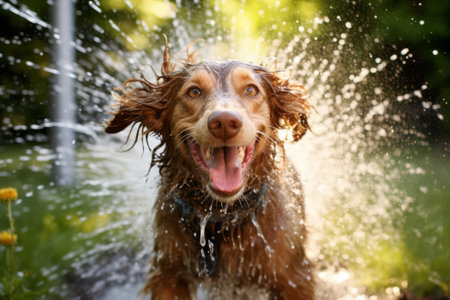 An image capturing the joy and excitement of a dog being washed with a garden hose outdoors on a sunny day, showcasing the playful and refreshing experience. Generative Aiの素材