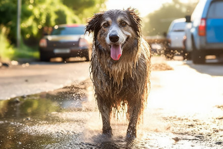 Dog being washed to remove dirt and mud after a playful outdoor adventure, highlighting the importance of cleanliness and hygiene. Generative Aiの素材
