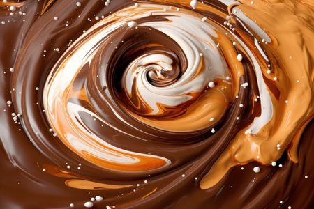 A chocolate swirl, created with a mixture of melted chocolate and cream, with dark and light tones mixing together. Generative AIの素材
