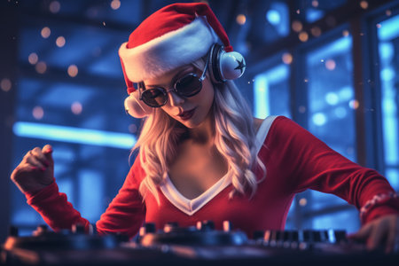 A female DJ in a red suit is playing music at a nightclub. She is wearing a red hat and headphones and is focused on the turntables. Generative AIの素材