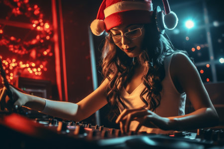 A female DJ in a red suit is playing music at a nightclub. She is wearing a red hat and headphones and is focused on the turntables. Generative AIの素材