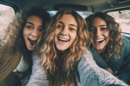 Happy smiling friends taking a selfie inside a car. Generative AIの素材