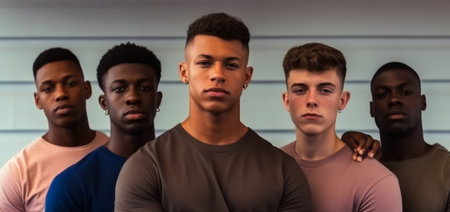 Portrait of a multiracial group of young men standing in a studio. Generative AIの素材