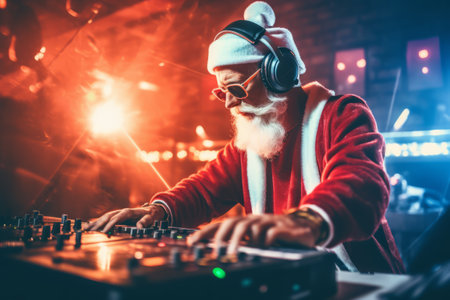 A lively Christmas party featuring Santa Claus as the DJ in a festive outfit, mixing tracks on a DJ mixer. The party is filled with energy and holiday cheer. Generative AIの素材