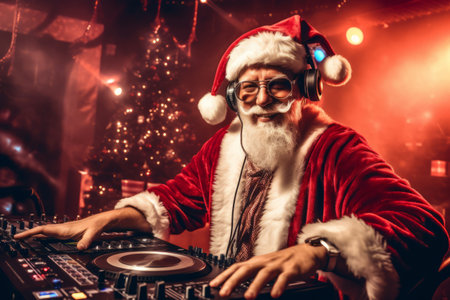 A lively and festive Christmas party with a Santa Claus DJ wearing headphones and glasses. He is standing behind a DJ mixer playing music. Red background, with a yellow light shining. Generative AIの素材