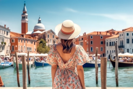 Luxury travel woman looking panorama. Sun hat maxi dress woman relaxing sea view in Venice, Italy. Destination Europe. Concept web banners. Generative AIの素材