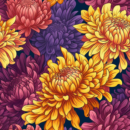 Seamless fabric pattern of colorful bright chrysanthemum flowers. Design for paper, cover, fabric, interior decor, textile and other users. Generative AIの素材