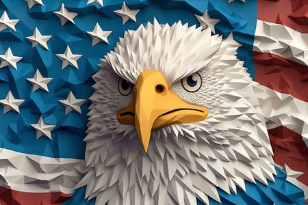 Paper art of layered Angry North American bald eagle over American flag. Vector illustration. Generative AIの素材
