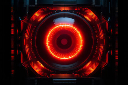 A close-up shot of a futuristic computer interface with a red glowing eye. Generative Aiの素材