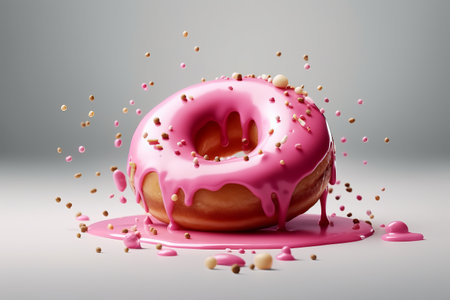 Pink donut flying and dropping onto white glossy background. Generative AIの素材