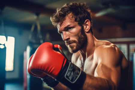Young strong sports man boxer make workout exercises in gym. Generative AIの素材