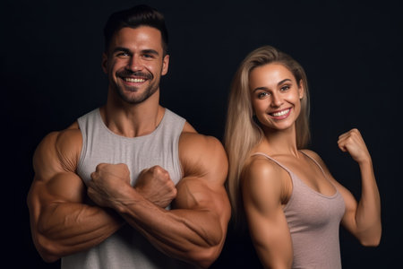 Smiling athletic couple poses and show their perfect body muscles. Generative AIの素材