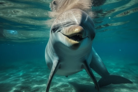 Happy dolphin swimming in bright clear turquoise water. Generative AIの素材