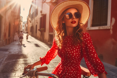Young woman with red long dress with white polka dots and red sunglasses, sun hat with bycicle in a small town in Italy at twilight. Generative AIの素材