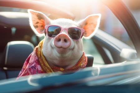 Happy piggy with sunglasses and with head out of the car window having fun. Enyoj vacancy trip. Generative AI.の素材