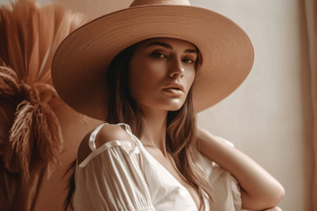 A blonde woman wearing a straw hat. She has long blonde hair and is wearing pastel summer clothes. Generative AIの素材