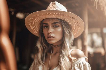 A blonde woman wearing a straw hat. She has long blonde hair and is wearing pastel summer clothes. Generative AIの素材