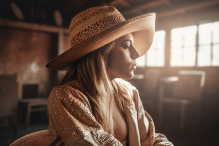 A blonde woman wearing a straw hat. She has long blonde hair and is wearing pastel summer clothes. Generative AIの素材