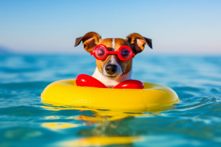 Dog on a mattress enjoying in the ocean water, Concept summer vacation holidays. Generative AIの素材