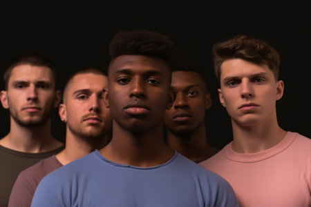 Portrait of a multiracial group of young men standing in a studio. Generative AIの素材