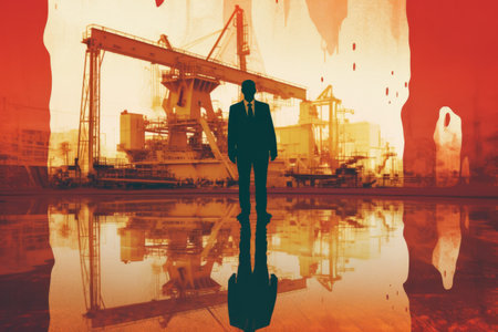 An oil well with the silhouette of a person in a business suit standing in front of it, double exposure style. Generative AIの素材