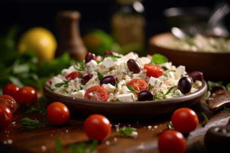 Rice salad infused with Mediterranean flavors, such as feta cheese, olives, cherry tomatoes, and fresh herbs, capturing the essence of the region's cuisine. Generative Aiの素材