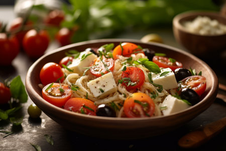 Rice salad infused with Mediterranean flavors, such as feta cheese, olives, cherry tomatoes, and fresh herbs, capturing the essence of the region's cuisine. Generative Aiの素材