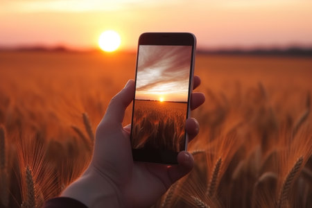 Picture of man's hand holding smartphone with beautiful picture on screen. Golden wheat at Sunset. Generative Aiの素材