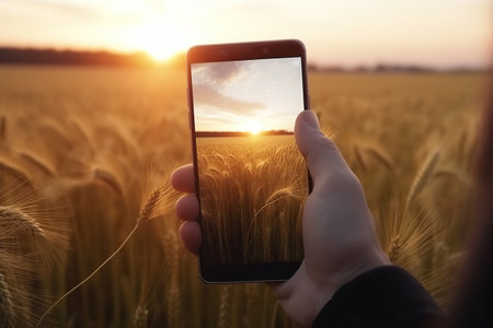 Picture of man's hand holding smartphone with beautiful picture on screen. Golden wheat at Sunset. Generative Aiの素材