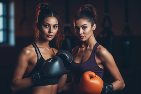 A group of three young women in boxing gear poses for a photo in a gym. Generative Aiの素材
