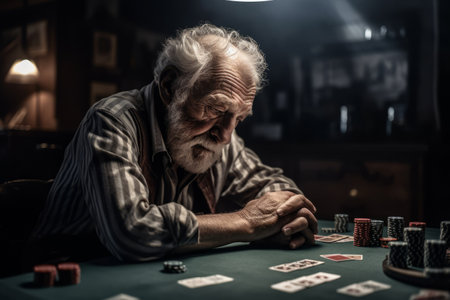 Depressed senior man in elegant dress leaning head at poker table with sad face when losing all money. Generative AIの素材