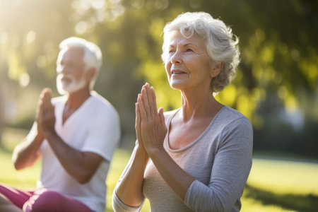 Senior adults practicing yoga on sunny summer day in the garden. Senior lifestyle active retirement concept. Generative Aiの素材