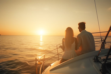 Beautiful couple looking sunset from the yacht. Generative Aiの素材