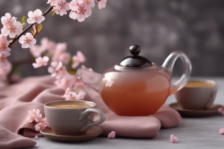 Cups of brewed tea, teapot and sakura flowers on gray table. Generative AIの素材