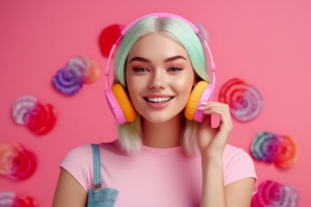 Trendy Young beautiful woman with pink headphones, on a pink background. Generative Aiの素材