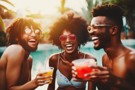 A group of several millennials enjoying a pool party, laughing and splashing in the water while sipping on colorful summer drinks. Toned image. Generative Aiの素材