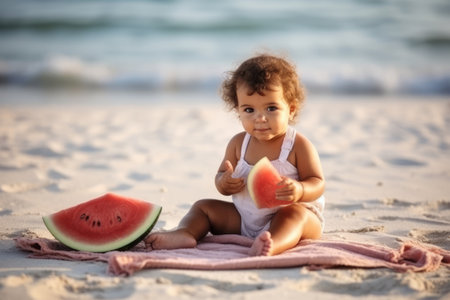 Little girl sits on the sand and holding a slice of watermelon in her hand. She is wearing a pink bikini, a white hat and she enjoys the summer day at the sea. Generative Aiの素材