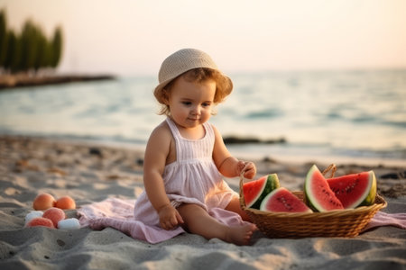 Little girl sits on the sand and holding a slice of watermelon in her hand. She is wearing a pink bikini, a white hat and she enjoys the summer day at the sea. Generative Aiの素材