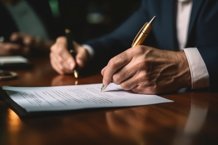 Closeup businessman hand signing significant contract document, with pen writing down signature on contract paper. Generative Aiの素材